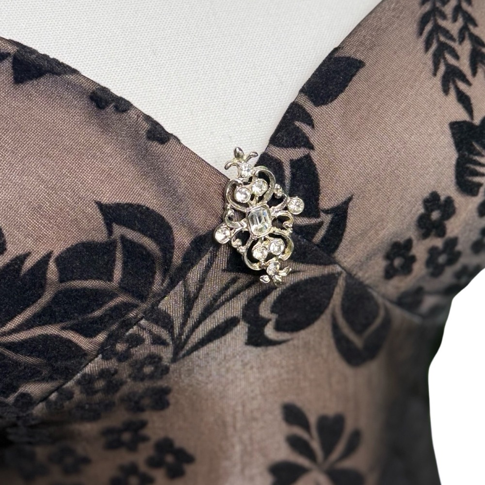 Vintage Y2K Flocked Floral Maxi Dress Spaghetti Strap Formal Evening USA 3 4 - Picture 5 of 8